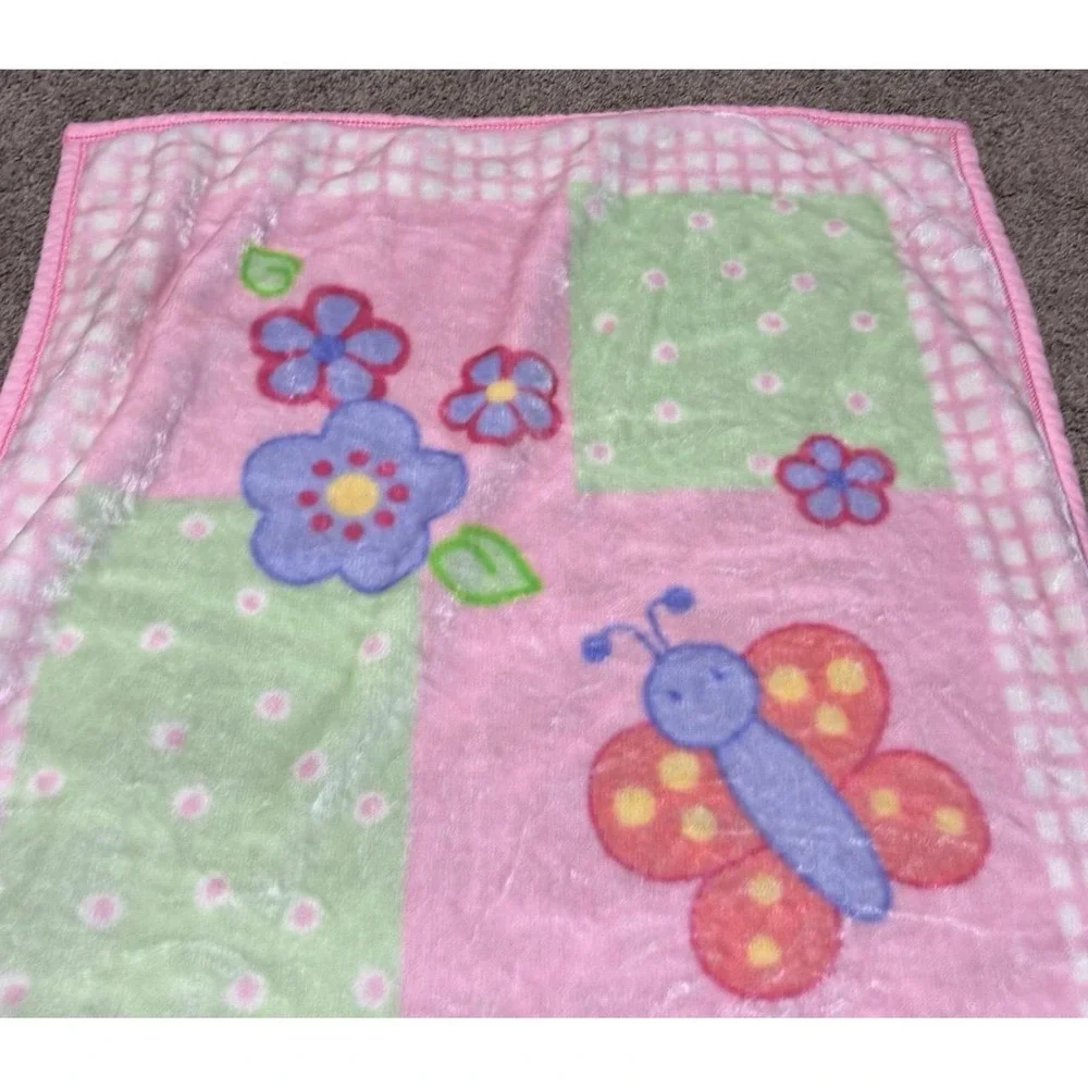 Vintage Baby Girl Plush Blanket Pink Green Butterfly Bee Floral Y2K Nursery